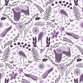 Monochromatic Blue Herons // medium // purple, birds, plants, flowers