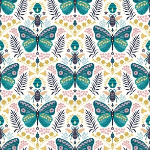 Folksy Butterfly Meets Bee // large // teal butterfly, bee, yellow, pink, blue, green on cream