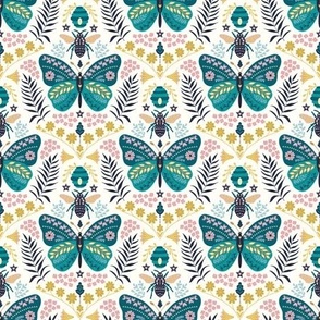 Folksy Butterfly Meets Bee // small // teal butterfly, bee, yellow, pink, blue, green on cream