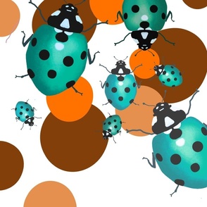 Teal ladybugs with orange and brown on white.