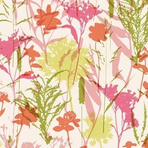 Wild Meadow Flowers pinks greens 9 inch wide repeat