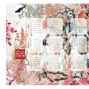 Zen Calendar 2025 Oriental Japanese Wall hanging or Tea Towel Cherry Blossom, Natural Pink