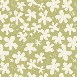 Whimsical Floral Watercolour Abstract - Sweet Ditsy Green And Cream Coordinate.