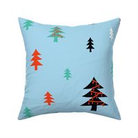 Whimsical Colorful Christmas Trees on Blue Background