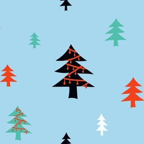 Whimsical Colorful Christmas Trees on Blue Background
