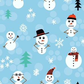 Whimsical Snowman with Snowflakes on Blue Background