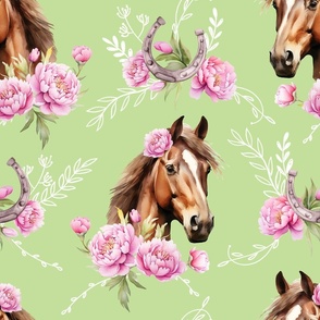 brown watercolor horse with peonies bright green large scale, horse wallpaper