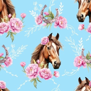 brown watercolor horse with peonies bright blue large scale, horse wallpaper