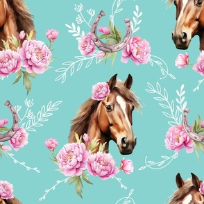 brown watercolor horse with peonies turquoise large scale, horse wallpaper