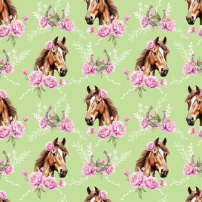brown watercolor horse with peonies bright green medium scale, horse wallpaper
