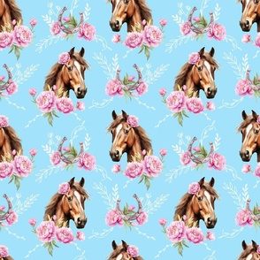 brown watercolor horse with peonies bright blue medium scale, horse wallpaper