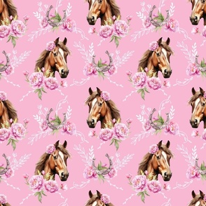 brown watercolor horse with peonies pink medium scale, horse wallpaper