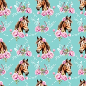 brown watercolor horse with peonies turquoise medium scale, horse wallpaper