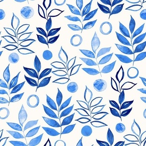 Naive Leaves and Circles Watercolor Botanical - Blue - Medium Scale 