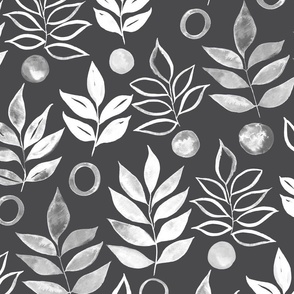 Naive Leaves and Circles Watercolor Botanical - Inverted Grey - Large Scale 