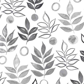 Naive Leaves and Circles Watercolor Botanical - Grey - Large Scale 