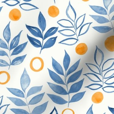 Naive Leaves and Circles Watercolor Botanical - Blue and Oranges - Medium Scale 