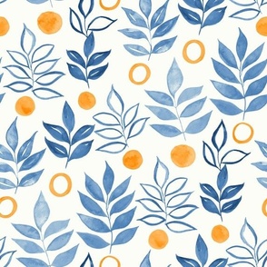 Naive Leaves and Circles Watercolor Botanical - Blue and Oranges - Medium Scale 
