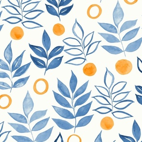 Naive Leaves and Circles Watercolor Botanical - Blue and Oranges - Large Scale 