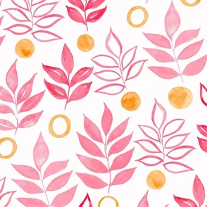 Naive Leaves and Circles Watercolor Botanical - Pink and Peach - Large Scale 