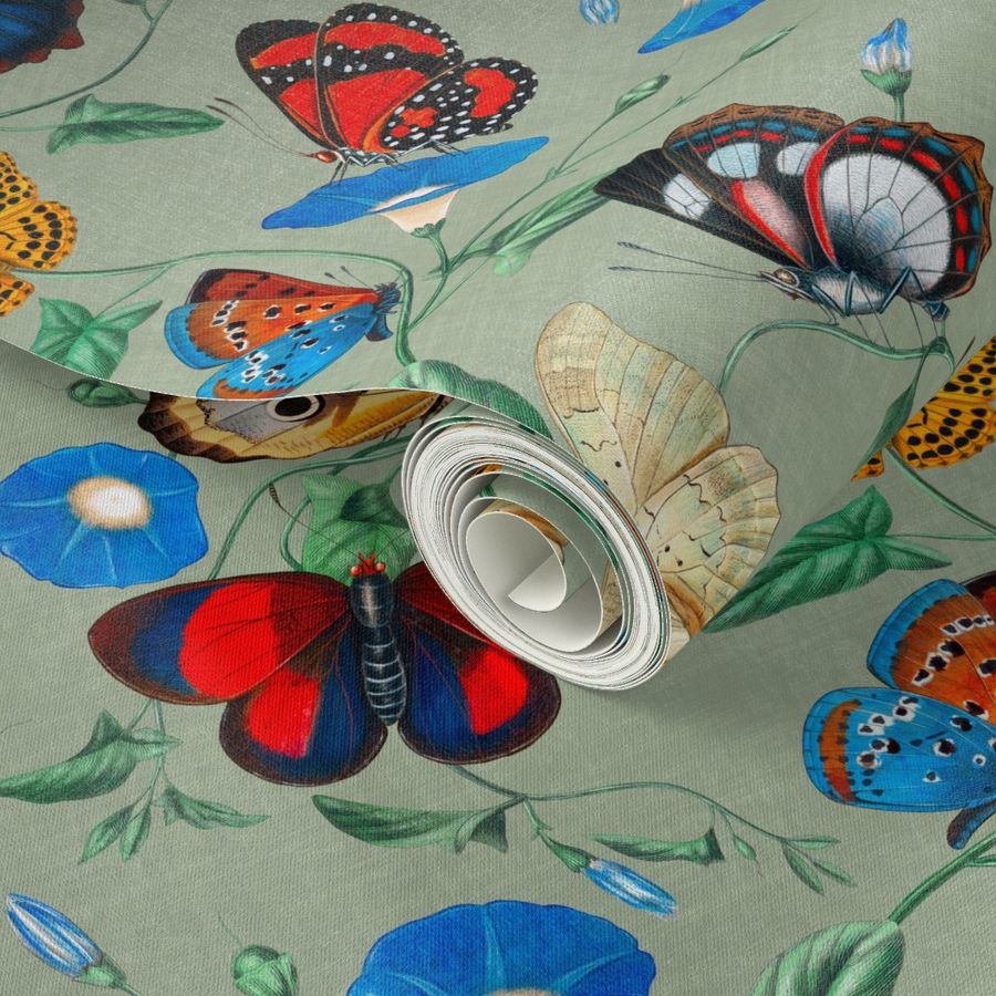 Papillonia - Morning Glory and Butterflies in sage green