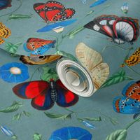 Papillonia - Morning Glory and Butterflies in teal blue