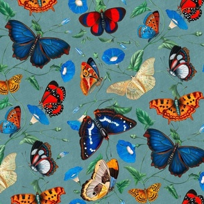 Papillonia - Morning Glory and Butterflies in teal blue