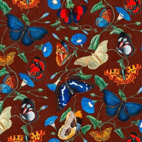 Papillonia - Morning Glory and Butterflies in rust brown