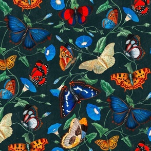 Papillonia - Morning Glory and Butterflies in pine green