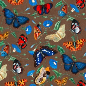 Papillonia -Morning Glory and Butterflies in coffee brown