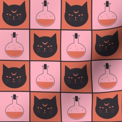 Witchy Cat Halloween Check in Soft Pink and Terracotta Orange
