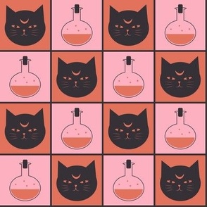 Witchy Cat Halloween Check in Soft Pink and Terracotta Orange