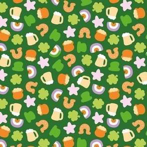 St Paddies icons - colorful kawaii style retro Saint Patrick's Day design with rainbow irish colors shamrock beer and pot with gold orange pink lilac green on jade