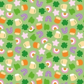 St Paddies icons - colorful kawaii style retro Saint Patrick's Day design with rainbow irish colors shamrock beer and pot with gold pink yellow lilac pastel green on matcha