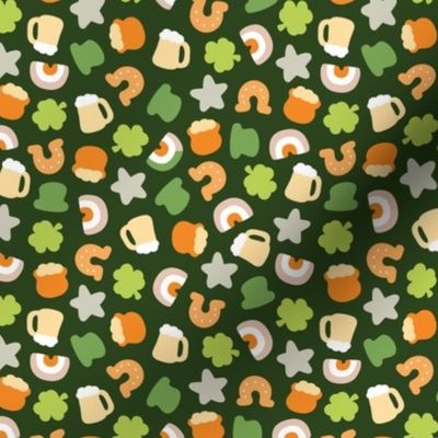 St Paddies icons - colorful kawaii style retro Saint Patrick's Day design with rainbow irish colors shamrock beer and pot with gold vintage orange green beige on cameo green