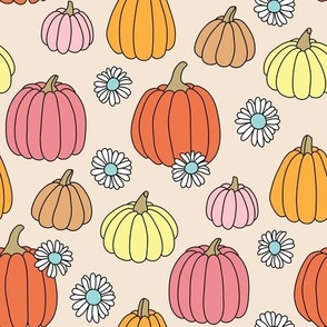 cute pumpkin seamless pattern with flowers