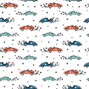 blue race cars seamless pattern with stars