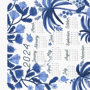 2024 Blue Tropical Tiger Tales: Whimsical Floral Calendar Tea Towel & Wall Hanging