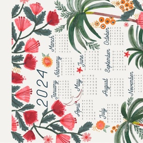 2024 Red and green Tropical Tiger Tales: Whimsical Floral Calendar Tea Towel & Wall Hanging
