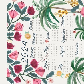 2024 Burgundy Tropical Tiger Tales: Whimsical Floral Calendar Tea Towel & Wall Hanging