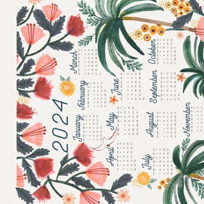 2024 red-brown Tropical Tiger Tales: Whimsical Floral Calendar Tea Towel & Wall Hanging