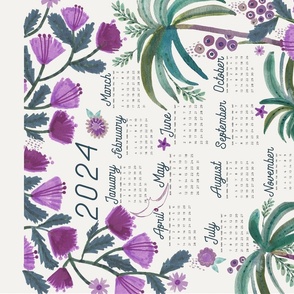 2024 Purple and green Tropical Tiger Tales: Whimsical Floral Calendar Tea Towel & Wall Hanging