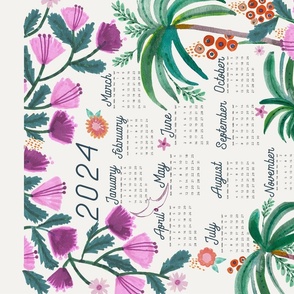 2024 Fuchsia Tropical Tiger: Whimsical Floral Calendar Tea Towel & Wall Hanging