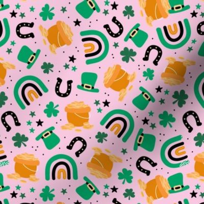 Traditional St Patrick's Day illustrations - irish shamrock stars lucky pot of money orange green jade on green 