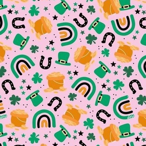 Traditional St Patrick's Day illustrations - irish shamrock stars lucky pot of money orange green jade on green 