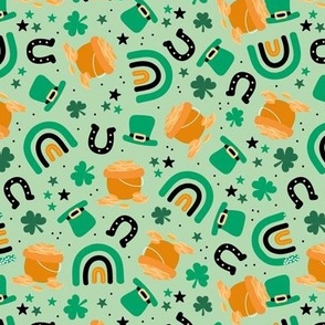 Traditional St Patrick's Day illustrations - irish shamrock stars lucky pot of money orange green jade on mint 