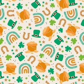 Traditional St Patrick's Day illustrations - irish shamrock stars lucky pot of money orange green jade on ivory 