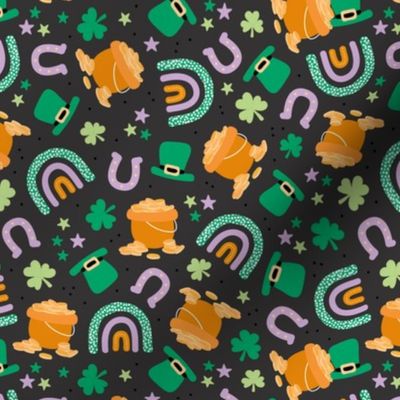 Traditional St Patrick's Day illustrations - irish shamrock stars lucky pot of money rainbow pink green orange lilac on charcoal 