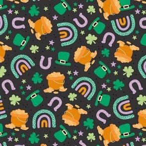 Traditional St Patrick's Day illustrations - irish shamrock stars lucky pot of money rainbow pink green orange lilac on charcoal 