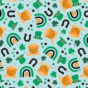 Traditional St Patrick's Day illustrations - irish shamrock stars lucky pot of money orange green jade on soft baby blue 